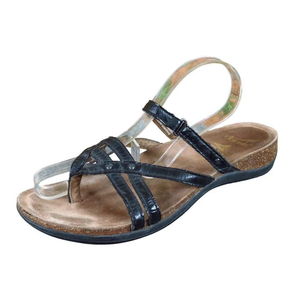 Dansko Roslyn Women Strappy Thong Sandal Size 39 Casual Comfort Black Leather